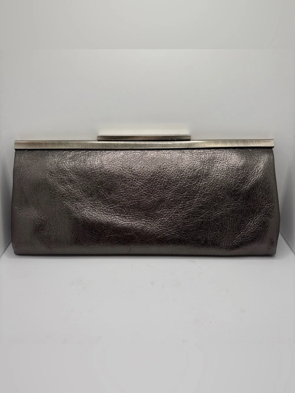 Tanner Italy Metallic Gunmetal Silver Leather Convertible Shoulder Clutch Bag